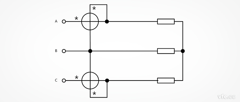 三相三線制電功率測量時(shí)的SP系列變頻功率傳感器接線圖(二瓦計(jì)法)