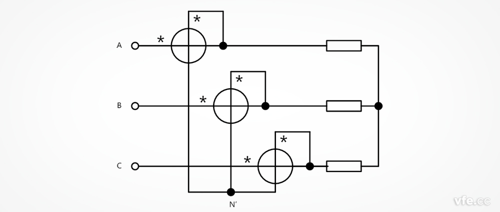 三相三線制電功率測量時(shí)的SP系列變頻功率傳感器接線圖(虛擬中性點(diǎn)的三瓦計(jì)法)