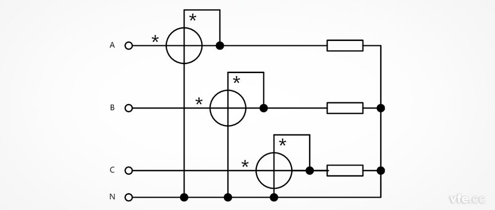 三相四線制電功率測量時(shí)的SP系列變頻功率傳感器接線圖(三瓦計(jì)法)